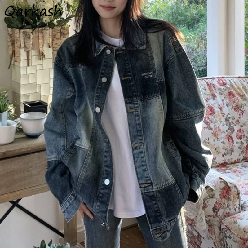 

Шикарные джинсовые пальто для женщин, подходящие ко всему для молодых девушек, в Корейском стиле, мешковатые, весна-осень, для колледжа, крутые, со вставками, популярные Ins, с длинным рукавом