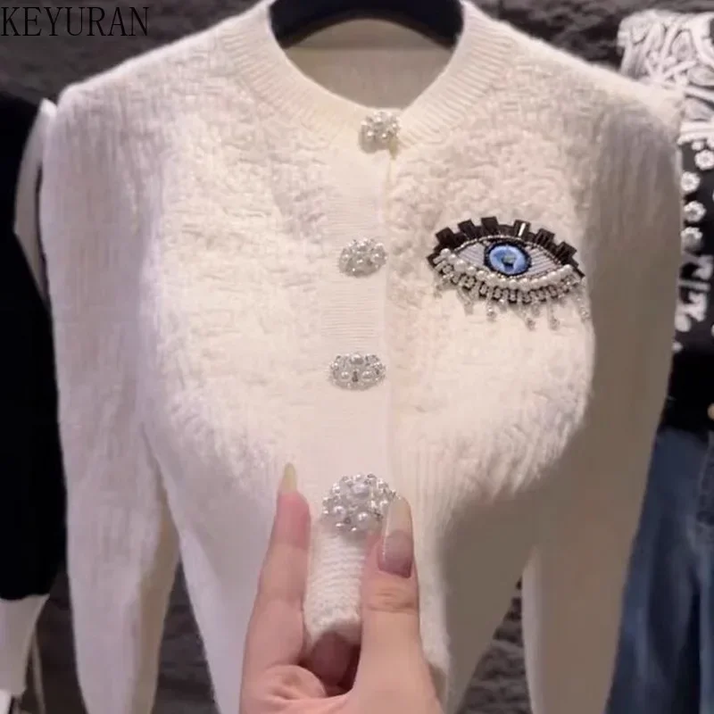 Peals Beading Knitted Cropped Cardigan Jacket Women\'s New Autumn Winter O-Neck Black White Long Sleeve Tops Sweater Mujer Jumper