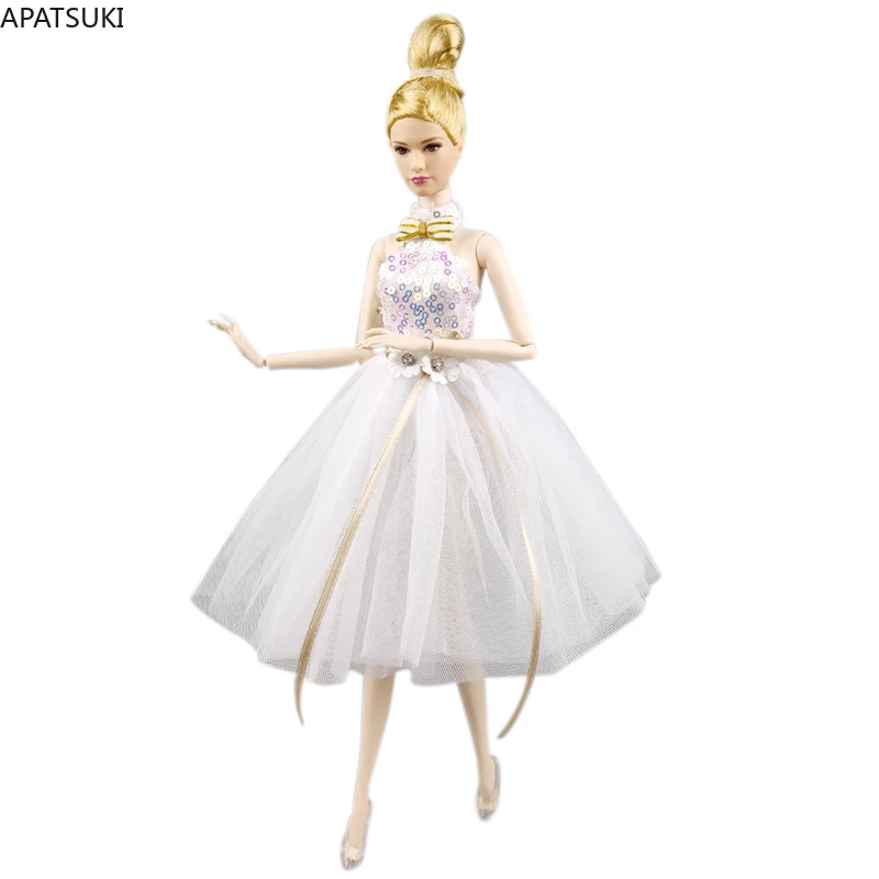 White Sequin Fashion Doll Clothes For Barbie Doll Dress High Neck Party Gown Veil Crystal Shoes Outfits Toys 1/6 Accessories