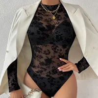 Sexy Women's Black Floral Flocking Sheer Mesh Mock Neck Long Sleeve Bodysuit - Image 5