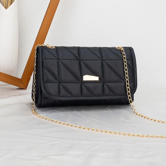 Geometric embroidered shoulder bag, solid color chain crossbody bag, fashionable and simple bag