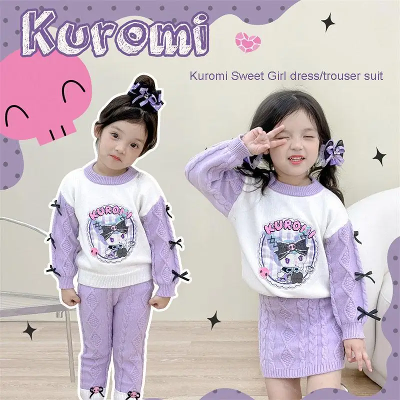 

Kawaii Детский мультфильм вязаный комплект Аниме Kuromi Милая принцесса свитер Модная вязаная юбка универсальные трикотажные брюки для девочек Подарки