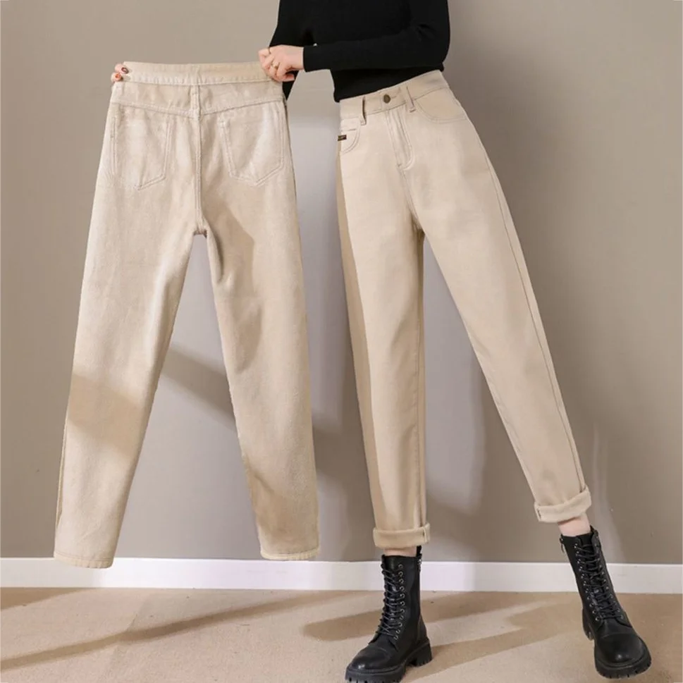 Plus Velvet Ankle Length Women Winter Jeans High Waist Thicken Warm Casual Plush Denim Pants Korean Fashion Khaki Harem Vaqueros