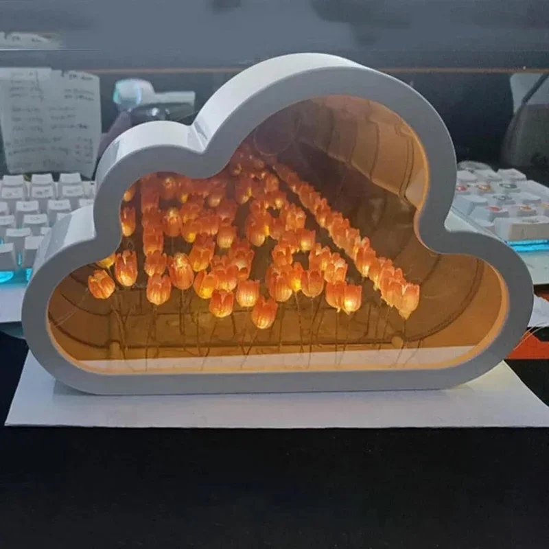 Creative LED Tulip Handmade DIY Cloud Night Light Girl Bedroom Ornaments Photo Frame Mirror Table Lamps Bedside Birthday Gifts