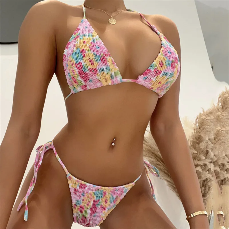 

Sexy String Halter Micro Bikinis Set Mini Thong Swimsuit Floral Print Swimwear Women Ruched Bathing Suit Triangle Bikini Biquini