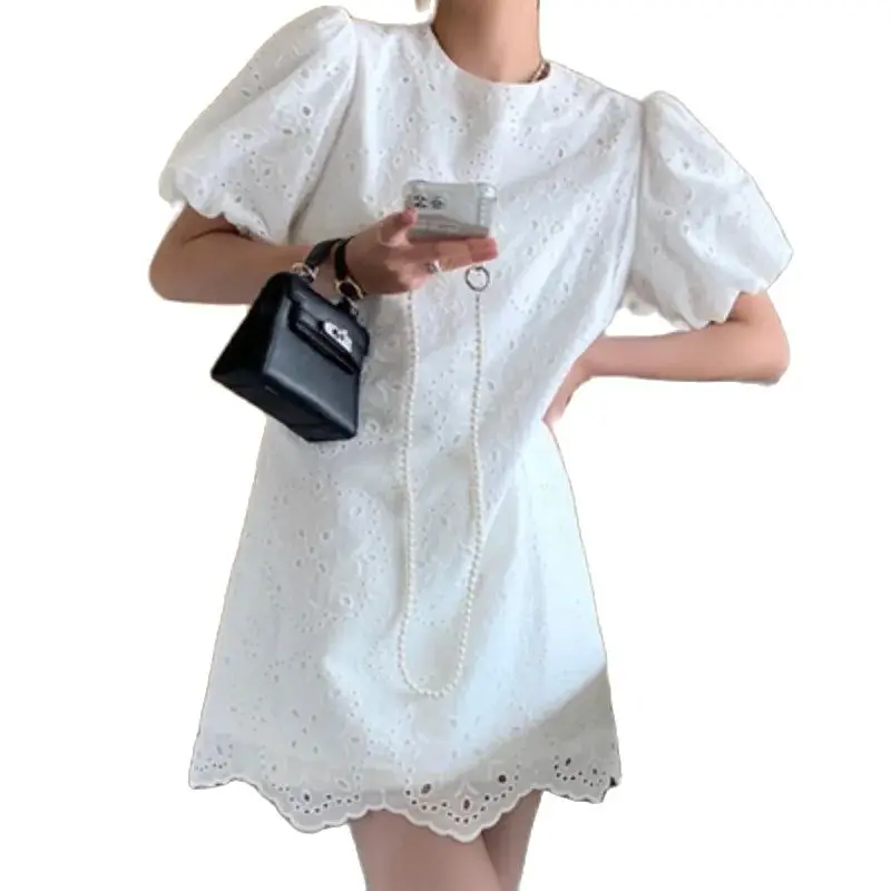 

Korean Style Women's White Lace Dress Sweet Puff Sleeve O-neck Hollow Out Floral Embroidery Mini Dress with Lining Short Dresses