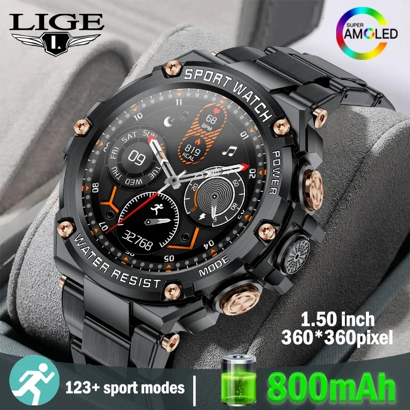 

LIGE Bluetooth Call Heart Rate Monitor Men Smart Watch 1.5inch 360*360HD Large Screen 800mAh Battery Waterproof Sport Smartwatch