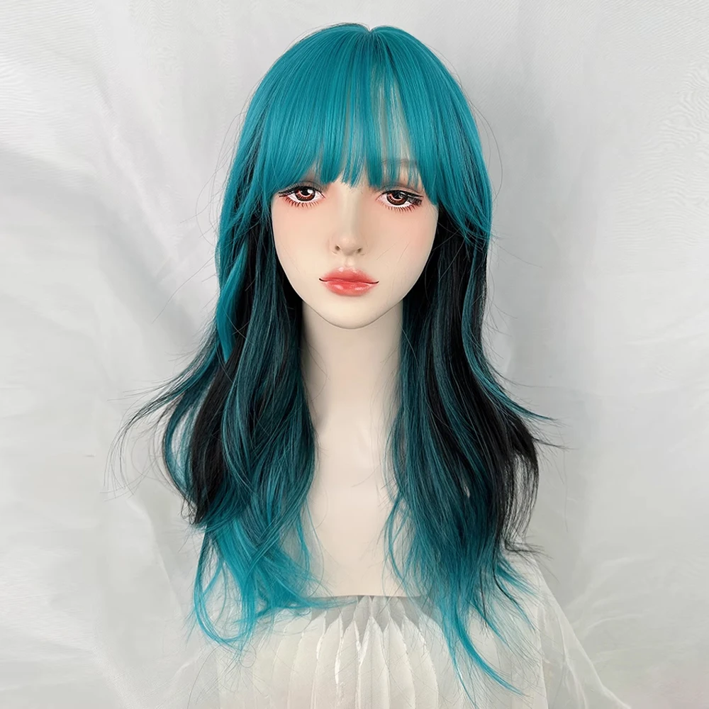 Peluca ondulada larga sintética con flequillo para mujer, pelo de Cosplay Lolita para fiesta diaria, mezcla azul y negro degradado, esponjoso