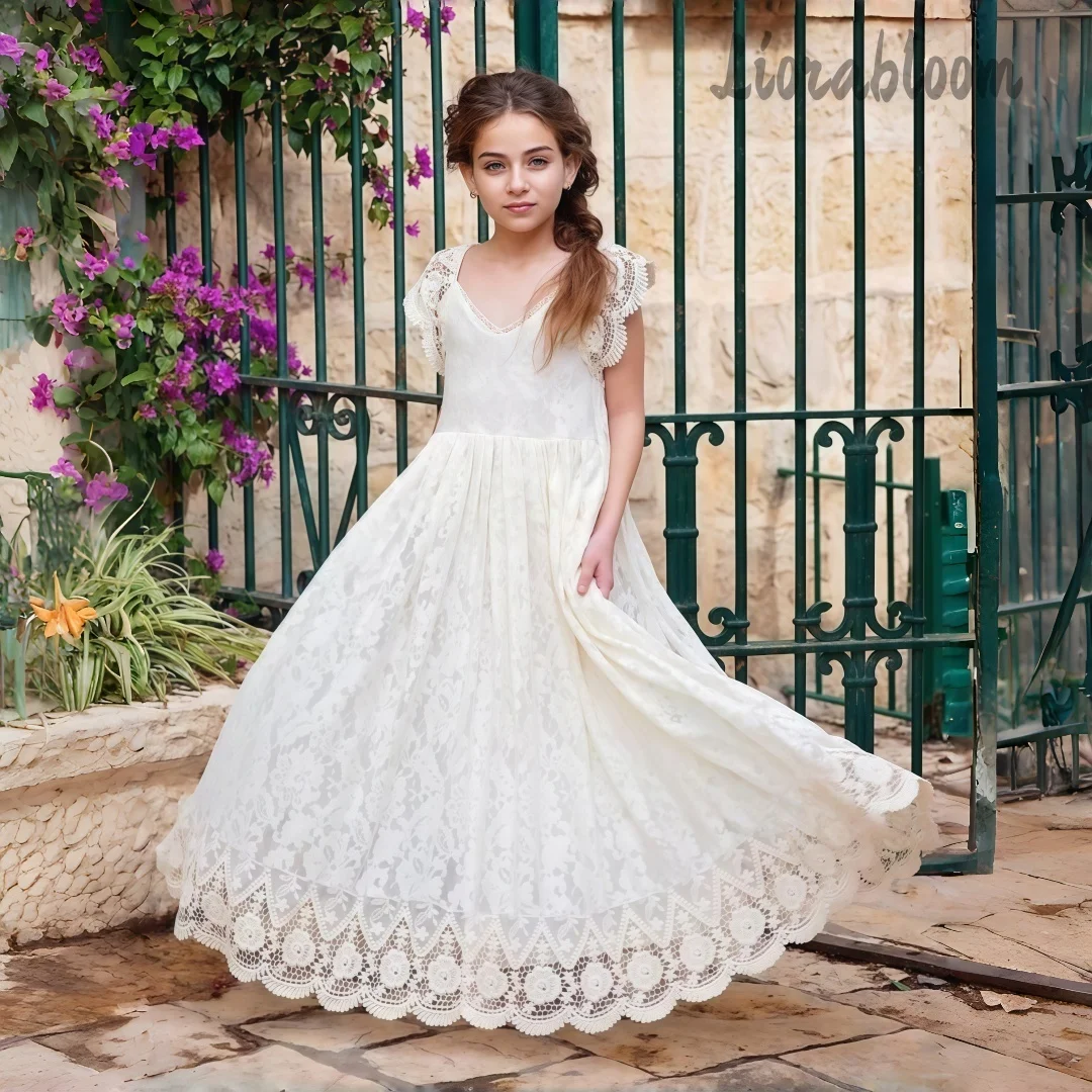 Custom-Made Girls'Sweet White Floral Lace Long Dress Elegant Princess Style Casual Sleeveless Swing Party Dress свадебное платье
