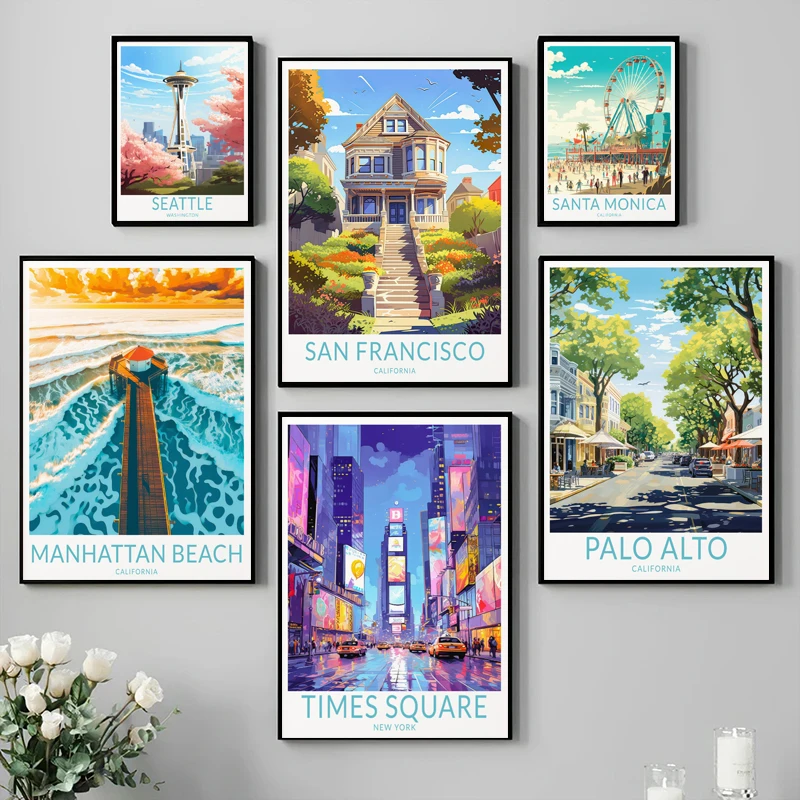 Nord America Poster Seattle New York Castle Beach Night View Canvas Printing Wall Art Decoration Hanging Painting Home Decor