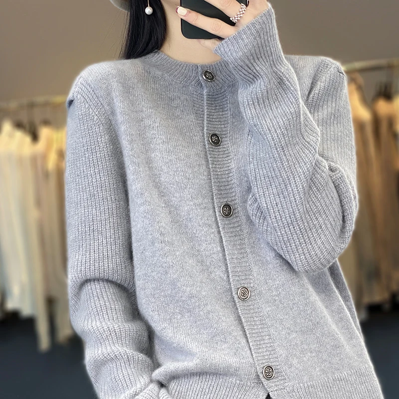 

100% Wool Women's Cardigan Long Sleeve Sweater New Knitted Fashion Versatile O-Neck Women's Cardigan Coat Autumn and Winter Unde