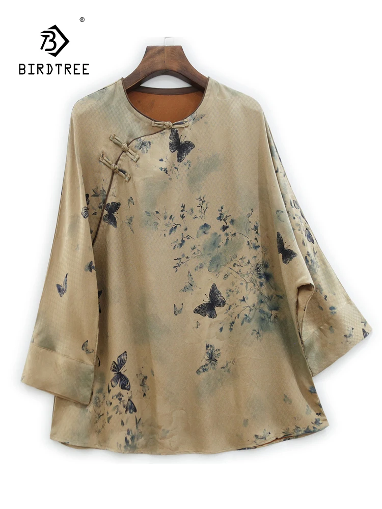 

BirdTree, 32MM Real Silk XiangYunSha T-Shirt, Women Long Sleeve O Neck, Printed Chinese Style Tops, 2024 Spring Summer T44356QC