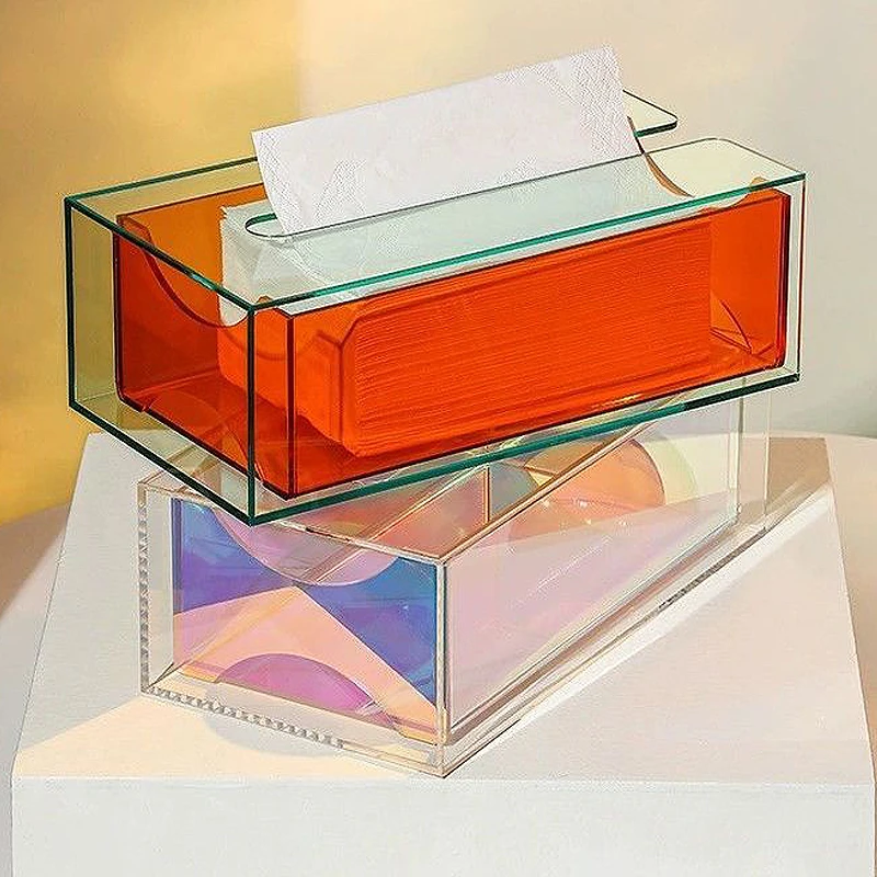 Luxury Acrylic Drawer Tissue Box Living Room Desktop Transparent Rainbow Napkin Box  Ins Style Home Creative Bathroom Storage