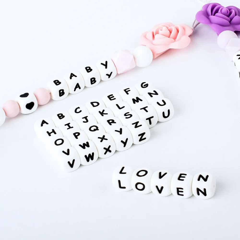 100/150/300/1000pcs 12mm Baby Silicone Letter Beads Teether Personalized Pacifier Clip Chain Food Grade Teething Toy Baby Beads