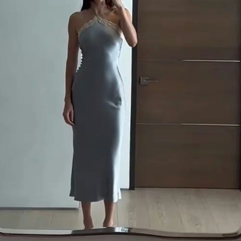 WhereMery Sexy Satin Off Shoulder Maxi Dresses Aesthetic Lace Stitch Backless Sundress 2023 Summer Beachwear Elegant Party Robe 3