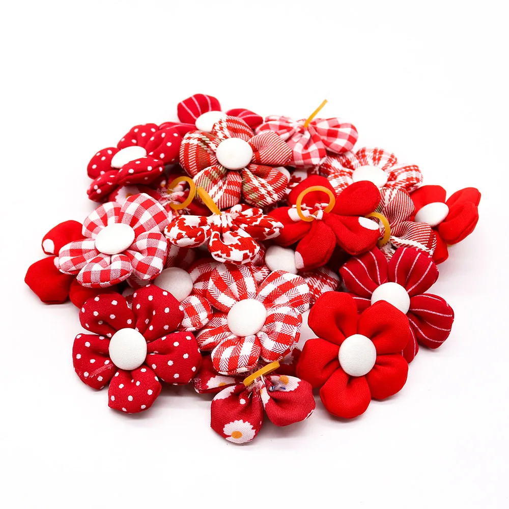 10/20pcs Flower Dog Hair Bow Red Style Valentine's Day Decorate Dog Bowknot with Rubber Bands for Small Dog Puppy Accessories 5