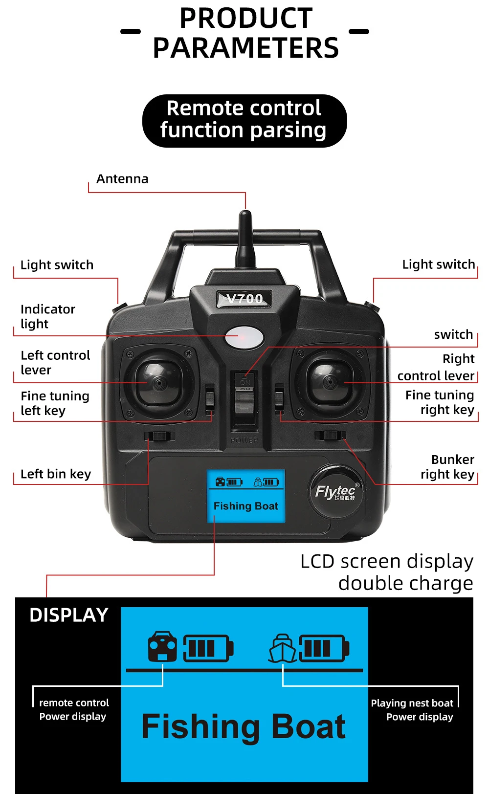Flytec V700 Gps Bait Fishing Boat Pvc Rc Boat Radiocontrolled Fish Finder 2 Hoppers Load 2kg