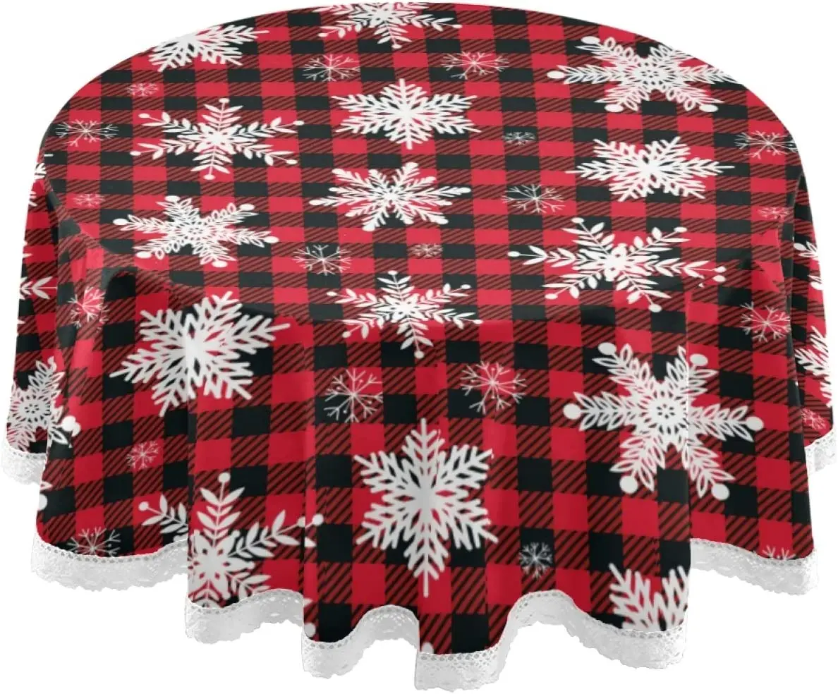 

Christmas Snowflakes Winter Buffalo Plaid Tablecloth Xmas Red Check Round Table Cover Cloths Washable for Party Dining Decor