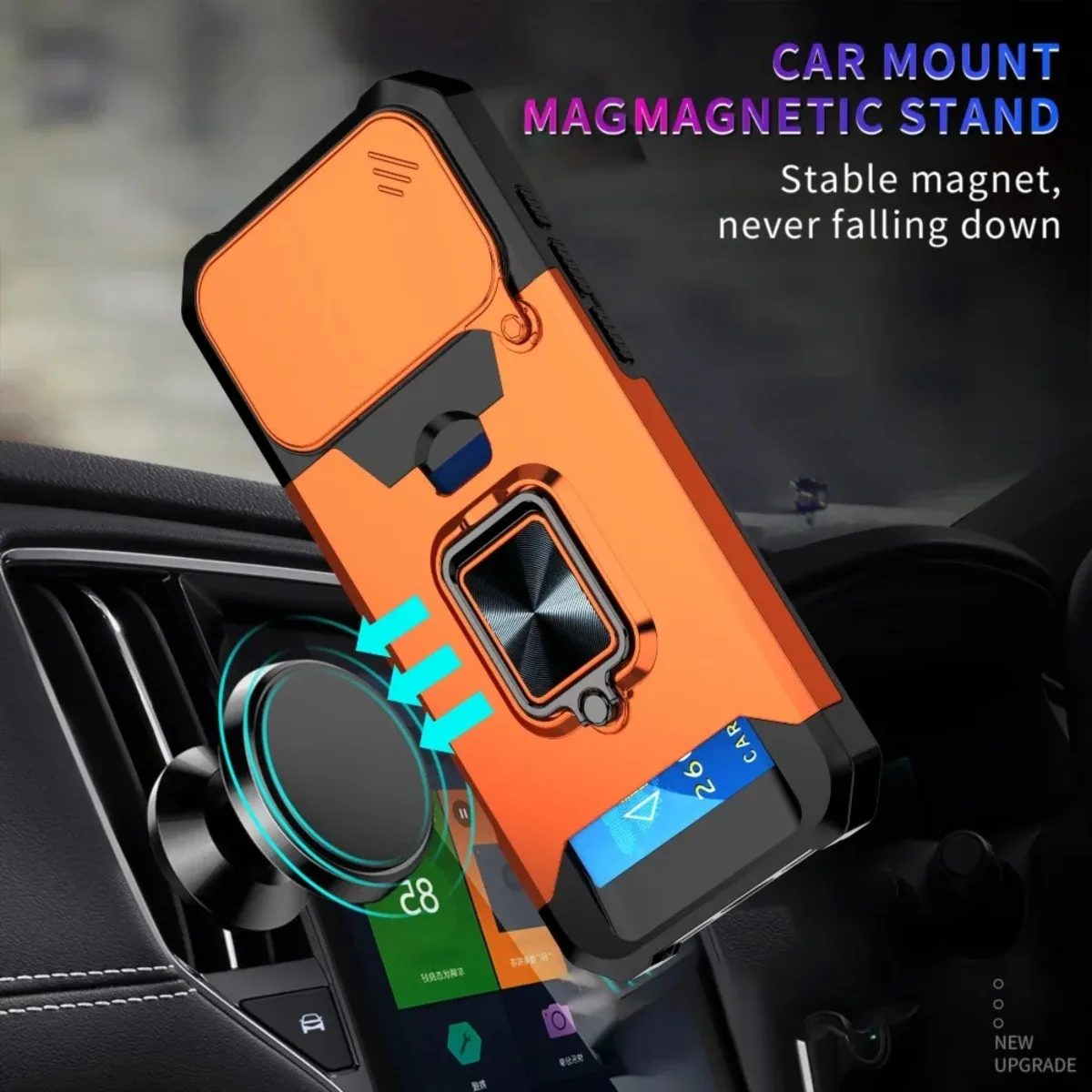Shockproof Armor Phone Case with Card Slot, Ring Holder, and Slide Camera Cover