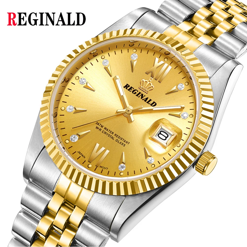 

Reginald Watches Men Diamond Business Watch Silver Gold Steel Auto Date Quartz Wrist Watches For Men Reloj Hombre Montre Homme