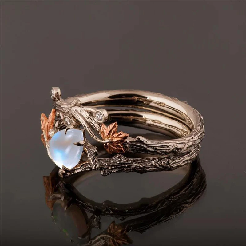 Vintage Women's Fashion Antique Gold Twig Maple Leaf Moonstone Ring Set Anniversary Gift Engagement Bridal Wedding Jewelry Rings