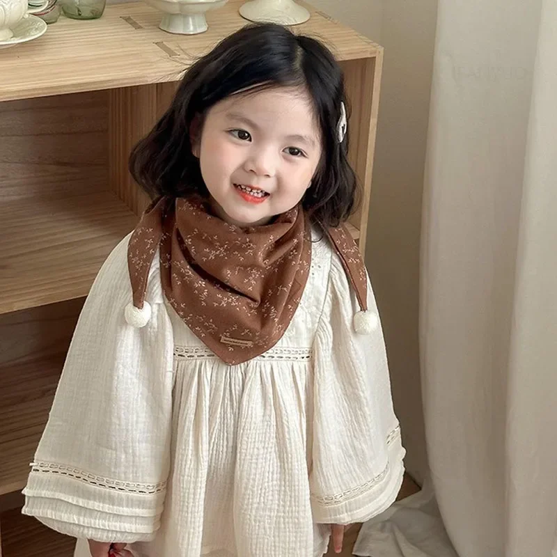 Autumn Winter Korean Children Floral Triangle Scarf Casual Fashion Boys Girls Cotton Neckerchief Warm Cute Baby Hairball Scarves