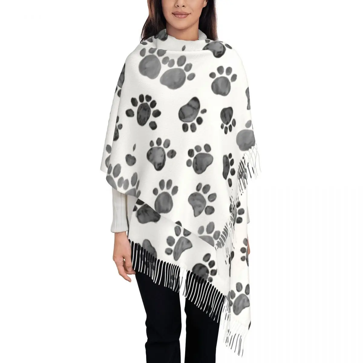 

Cat Paw Print Scarf Women Men Stylish Winter Fall Shawl Wraps Dog Paws Prints Animal Tassel Wraps