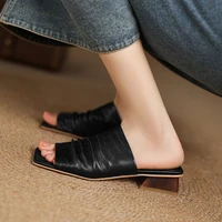 2026 NEW Summer Women Mules Genuine Leather Shoes for Women Open Toe Med Heel Shoes Slippers Pleated Modern Sandals - Image 2