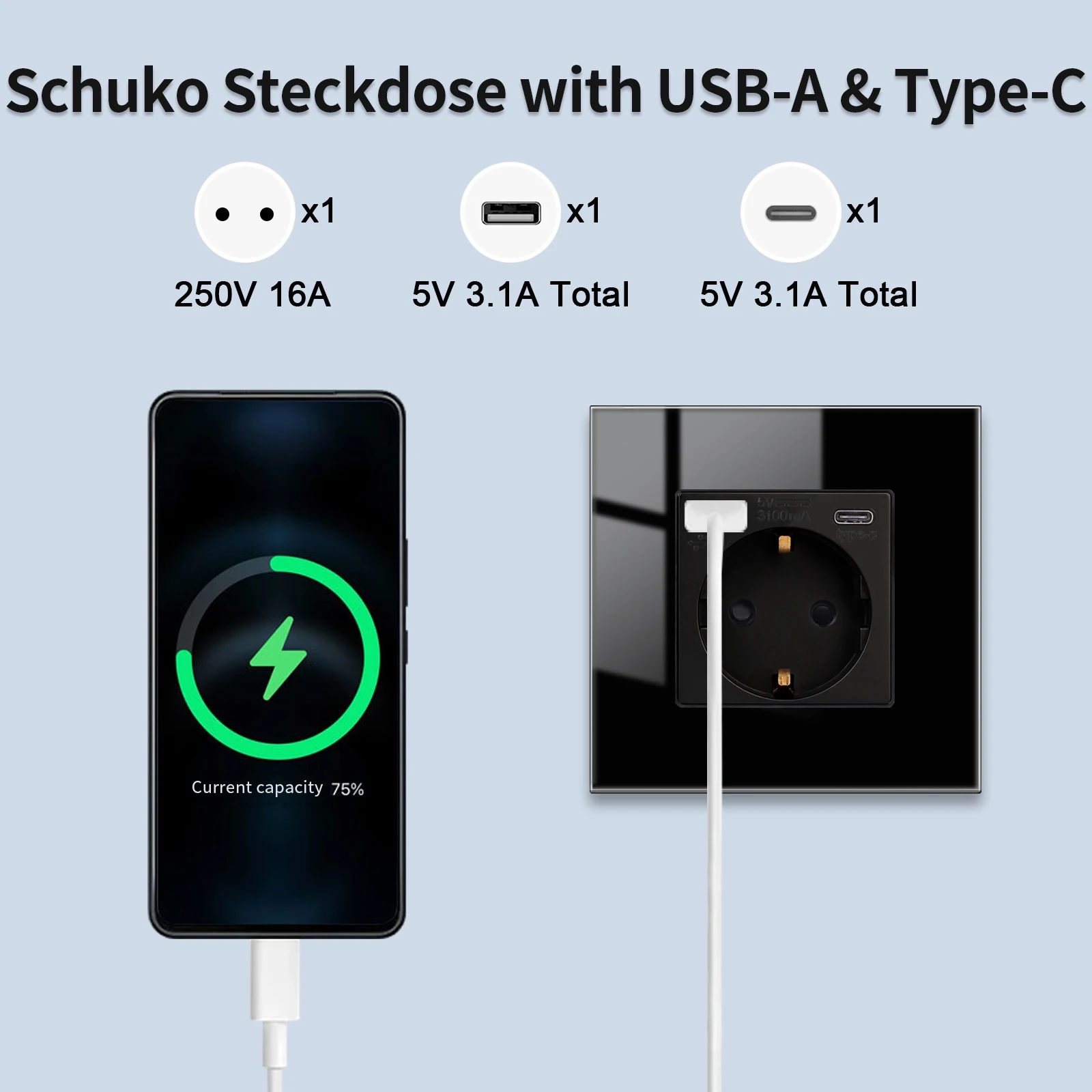 Description Picture 5 of itemBingoelec EU Standard Dual Socket,Touch Light Switch with USB Type-C 20W Fast Charging 220V Glass Electrical Outlet Thermostat