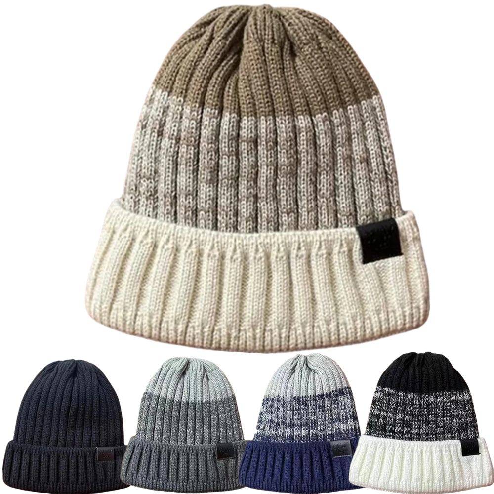 Unisex ColorBlock Winter Hats Add Fur Lined Men Women Keep Warm Beanie Cap Outdoor Decor Winter Knitted Hats