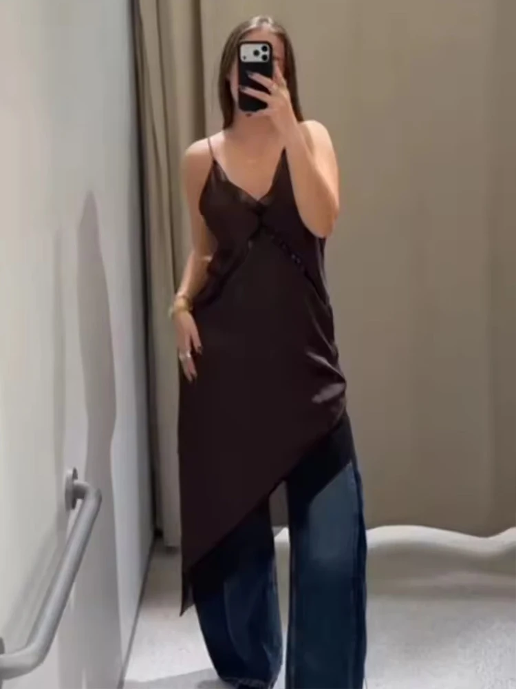 Women Backless Sexy Satin Elegant Dress Asymmetric Hem Dress New Summer Fashion Holiday Party Beach Dresses