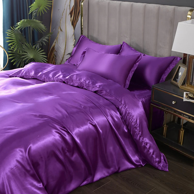 Nordic Mulberry Silk Bedding Set with Duvet Cover Bed Sheet Pillowcase Luxury Satin Double Bedsheet Solid King Queen Full Twin