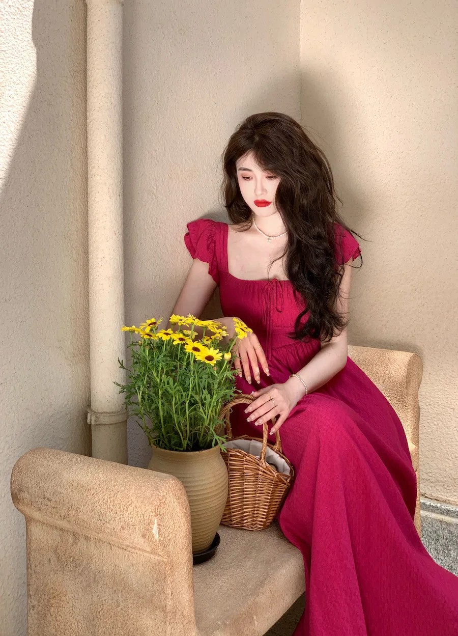 Elegant Vintage Midi Dresses for Women Summer New Square Collar High Waist Princess Party Dress Casual A-line Vestido Mujer