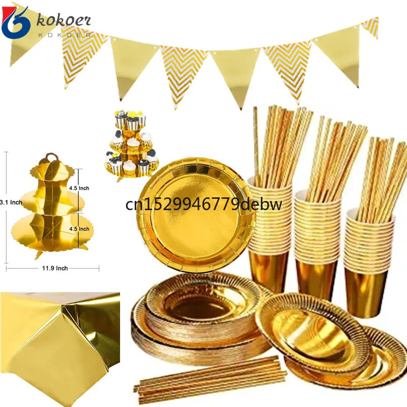 Gold Disposable Paper Plates Cups Straw napkins cakestand Tableware