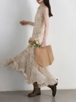 CHIC VEN femmes robes rétro nouvelle encre chinoise imprimé Camisole robe sans manches femme longue robe une ligne printemps été 2025 2