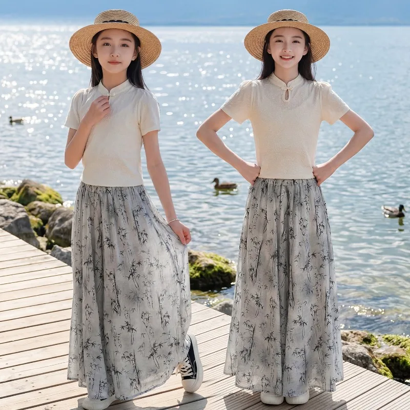 Mädchenanzug Sommer 2026 Chinesischer Stil Elegantes Kurzarm-Oberteil und Maxirock mit Bambusdruck Kinderkleidung Ethnischer Stil