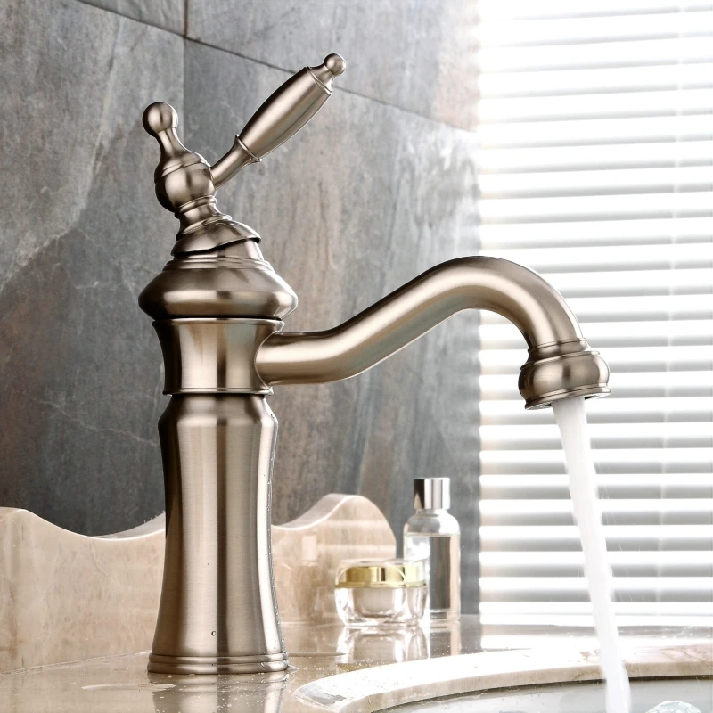 

Basin Faucets Solid Brass Nickle Brushed Bathroom Faucet Single Handle Swivel Spout Hot Cold Water Basin Mixer Tap