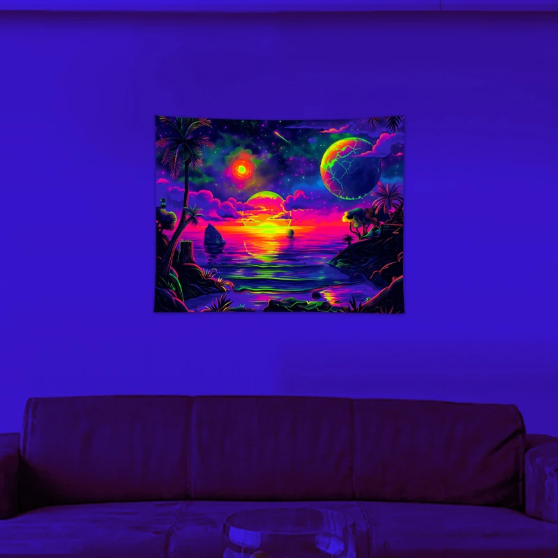 1 Stück UV-reaktives Wandteppich, Strand-Kokosnussbaum, Sternenhimmel, Universum, Sonnenuntergang, Wandteppich, ästhetische Wandbehang für Zimmer und Wohnzimmer – Detail 10