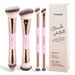 MAANGE 4 - Piece Essential Makeup Brush Set with Travel Case - Dual - Ended Foundation, Powder, Blush, and Eyeshadow Brushes (Pink)