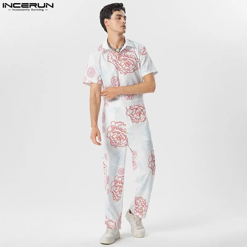 

2023 Men Jumpsuits Flower Printing Lapel Short Sleeve Rompers Loose Button Down Streetwear Casual Male Overalls S-5XL INCERUN