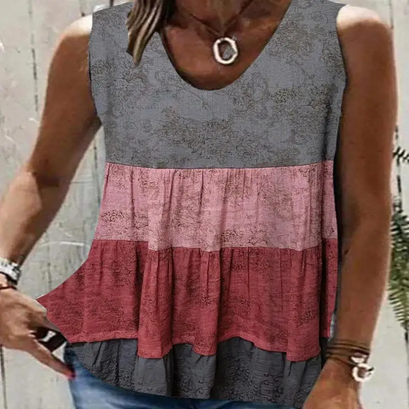 

Plus Size Women Sleeveless V-neck Stitching Floral Printed Top