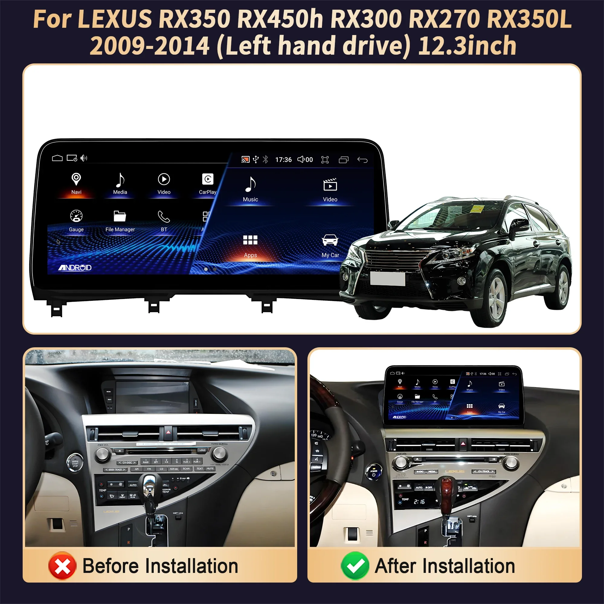 12,3 "LHD para LEXUS RX350 RX450h RX300 RX270 RX350L 2009-2014 Radio de coche inalámbrico CarPlay Multimedia pantalla Snapdragon 680 2