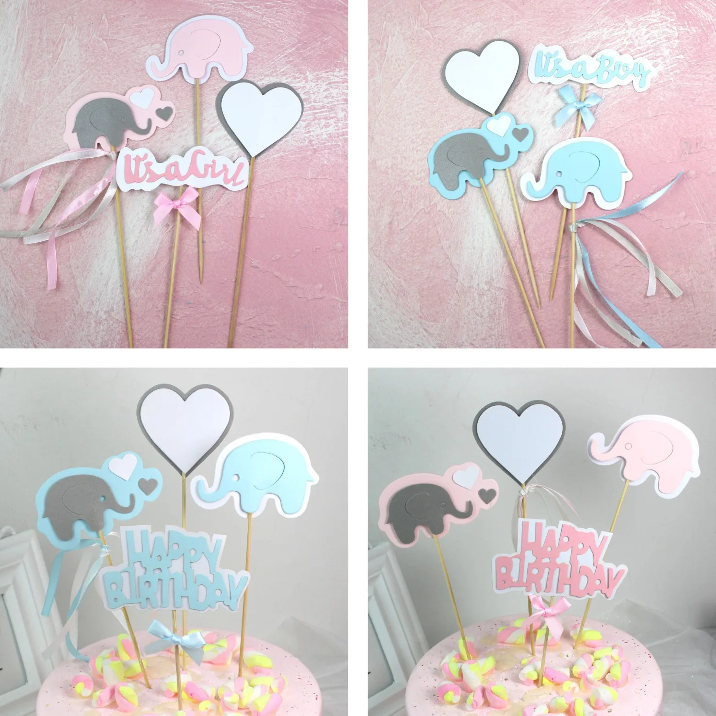4pcs/lot Love Blue Pink Elephant Birthday Baby Shower Cake Topper Boy Girl Kids Favor Party Cupcake Decor Sloth Supplies | Дом и сад