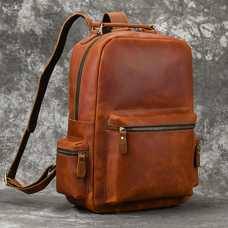 Dropshipping New Fashion Leather Backpack For Men Male Crazy Horse Leather Laptop Bagpack Travelling Men's Computer Bag Retro