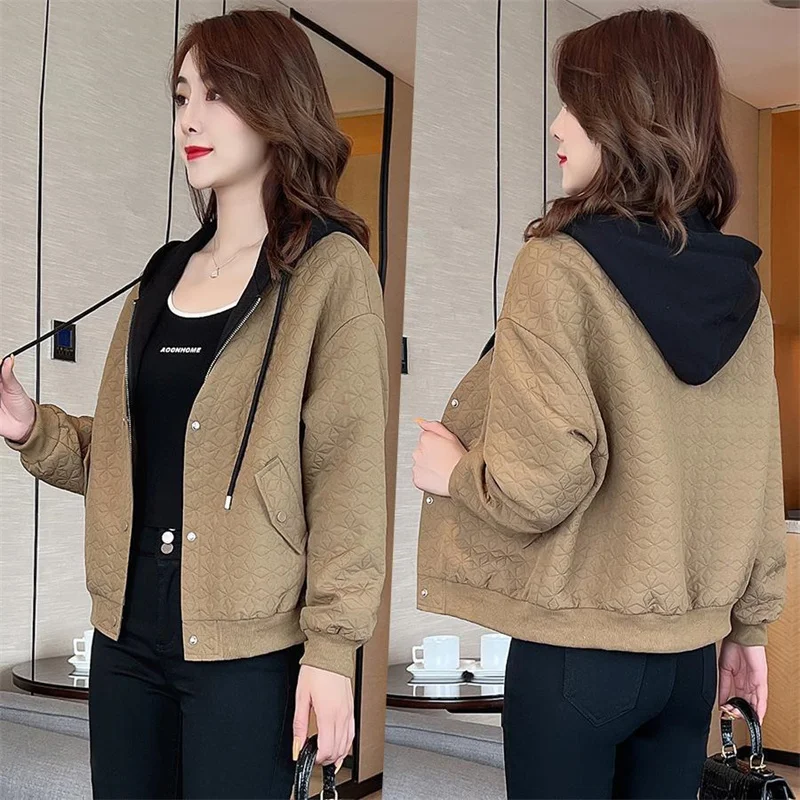 

Women New Coat Stitching Fake Two Pieces Baseball Uniform Jacket Short Hooded Sweaterirt Loose Fragrance Outerwear Female Trend