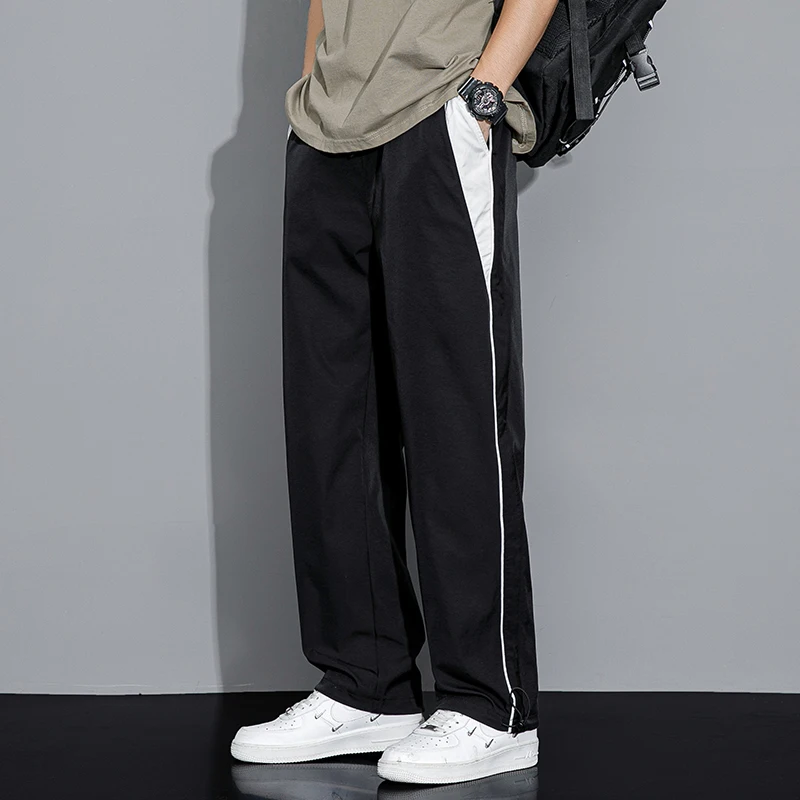 Men's Spring Autumn Contrast Color Pockets High Waisted Elastic Loose Clothing Bloomers Sweatpants Trousers Comfortable Pants