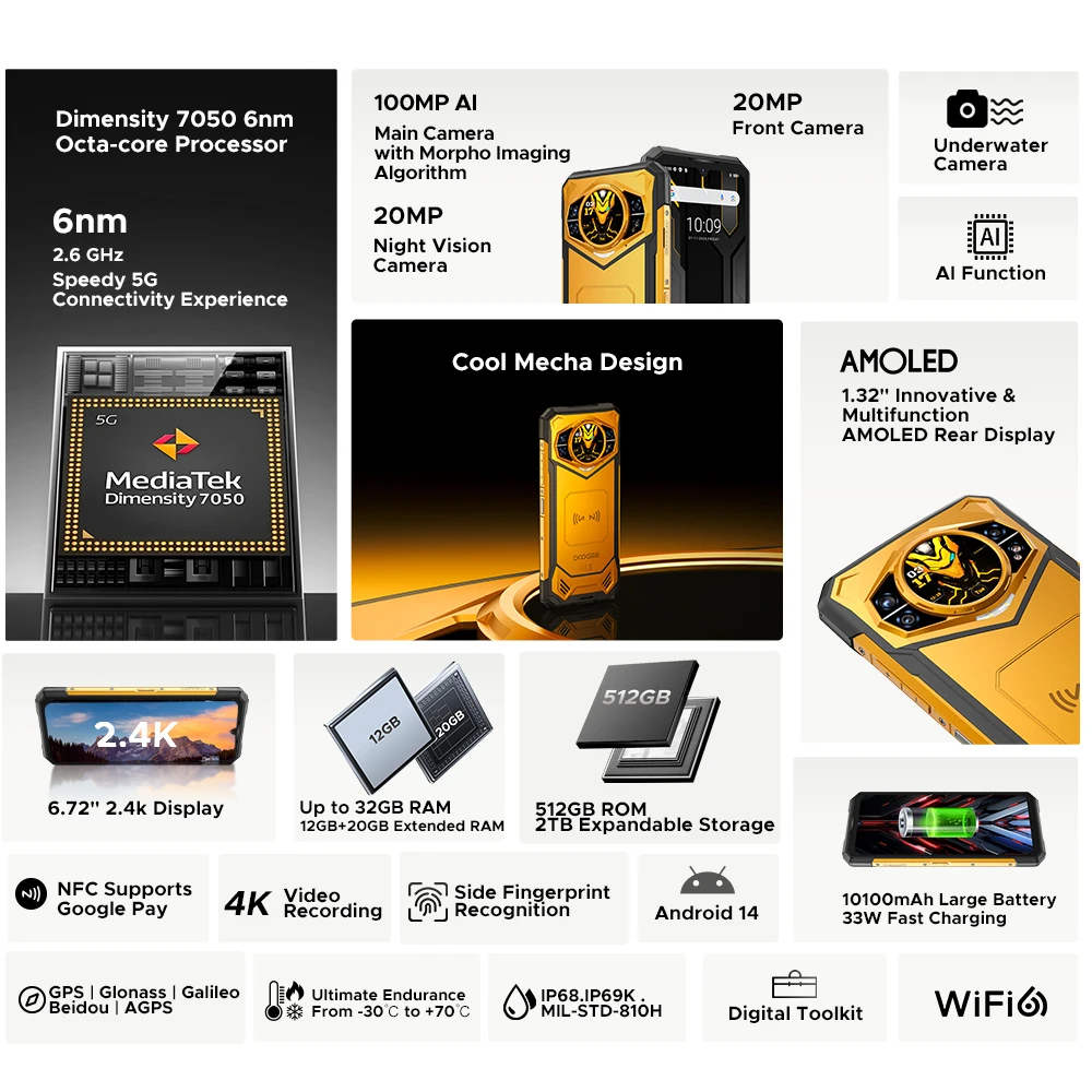 World Premiere DOOGEE S200 X 5G 12GB 512GB Rugged Phone MTK Dimensity 7050 10100mAh battery 33W 6.72” FHD+120Hz IPS screen 2