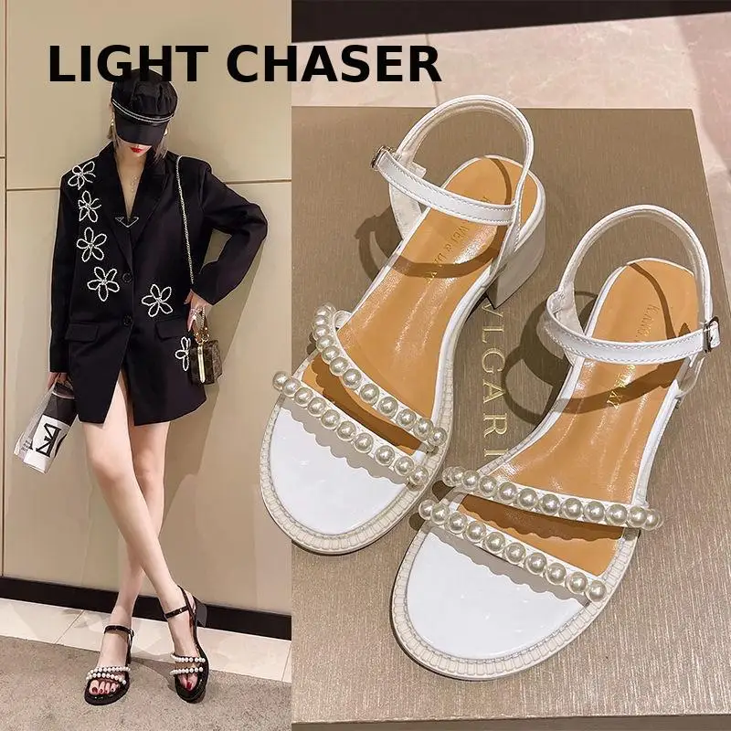 Summer Pearl Sandals Women's 2022 New Medium Thick Heel Fashion Women's High Heels Low Heel Casual Women's Shoes Beach Sandals