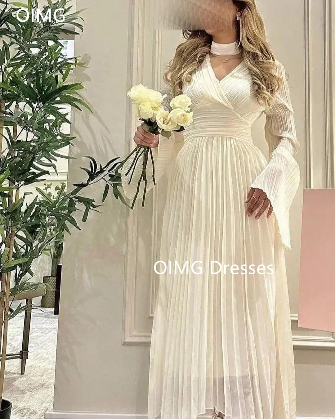 

OIMG Gorgeous Fashion V-Neck Pleated Prom Dresses Beige A-Line Bell Sleeves Vintage Evening Gowns Formal Party Dress