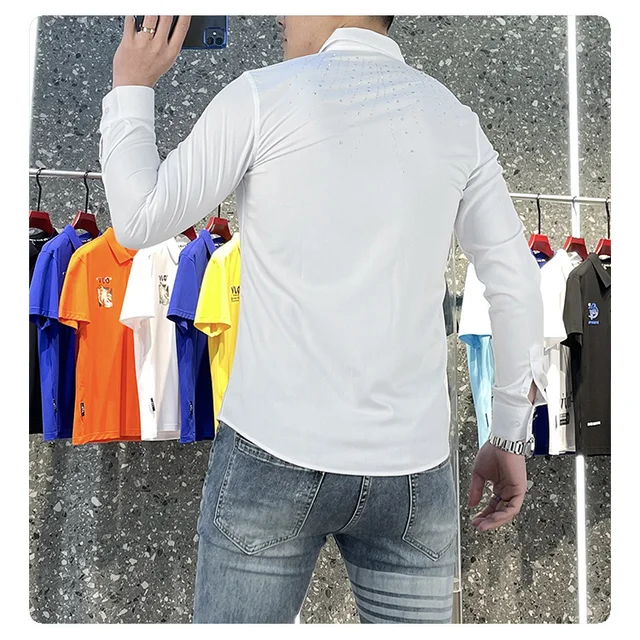 Camisas de manga larga con letras de diamantes de imitación para hombre,  ropa informal de negocios, ajustada, ropa de calle, club nocturno Social,  gran oferta - AliExpress